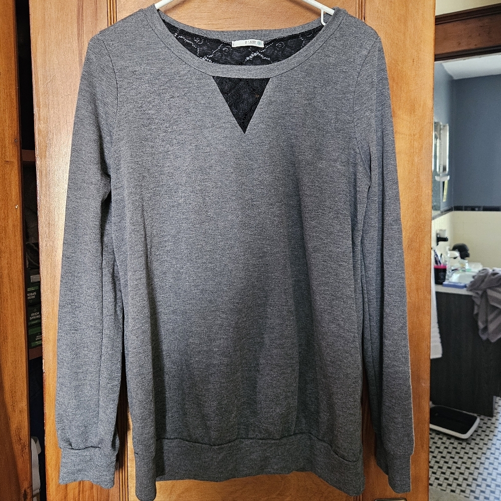 Grey Long Sleeve Tee with Lace Inset
